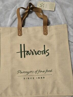 Harrods Beige Canvas Tote with Brown Leather Handles and Green Logo